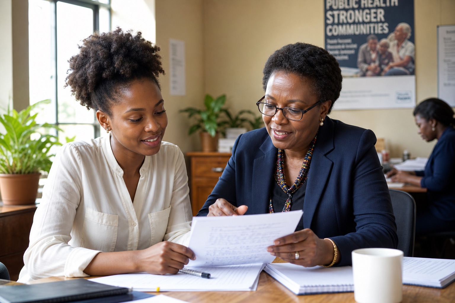 A public health intern reviewing work with a colleague at an organization in Africa