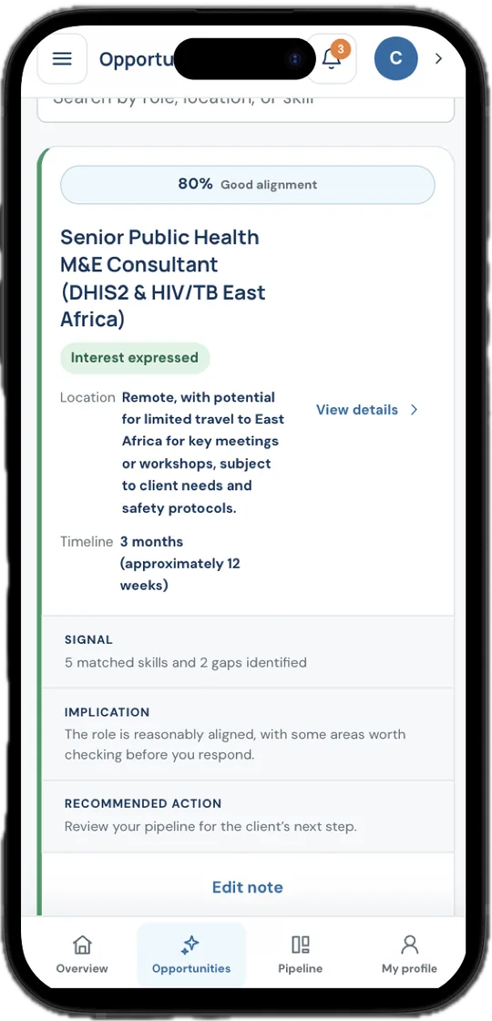 iResource opportunities page on phone showing matched roles and alignment insights